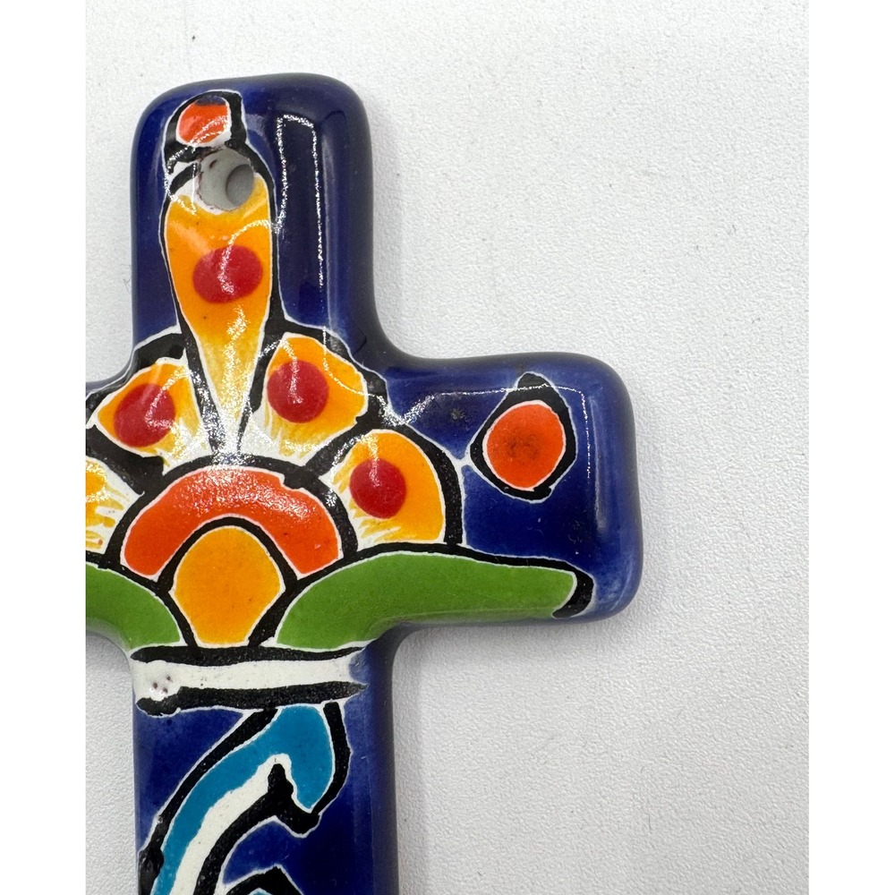 Mexican Talavera Pottery Wall Cross Hand Painted Floral Folk Art Blue - Picture 3 of 6